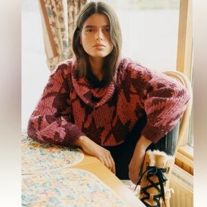 Anthropologie Ginny Oversized Houndstooth Sweater Turtleneck Cowl Neck Cropped